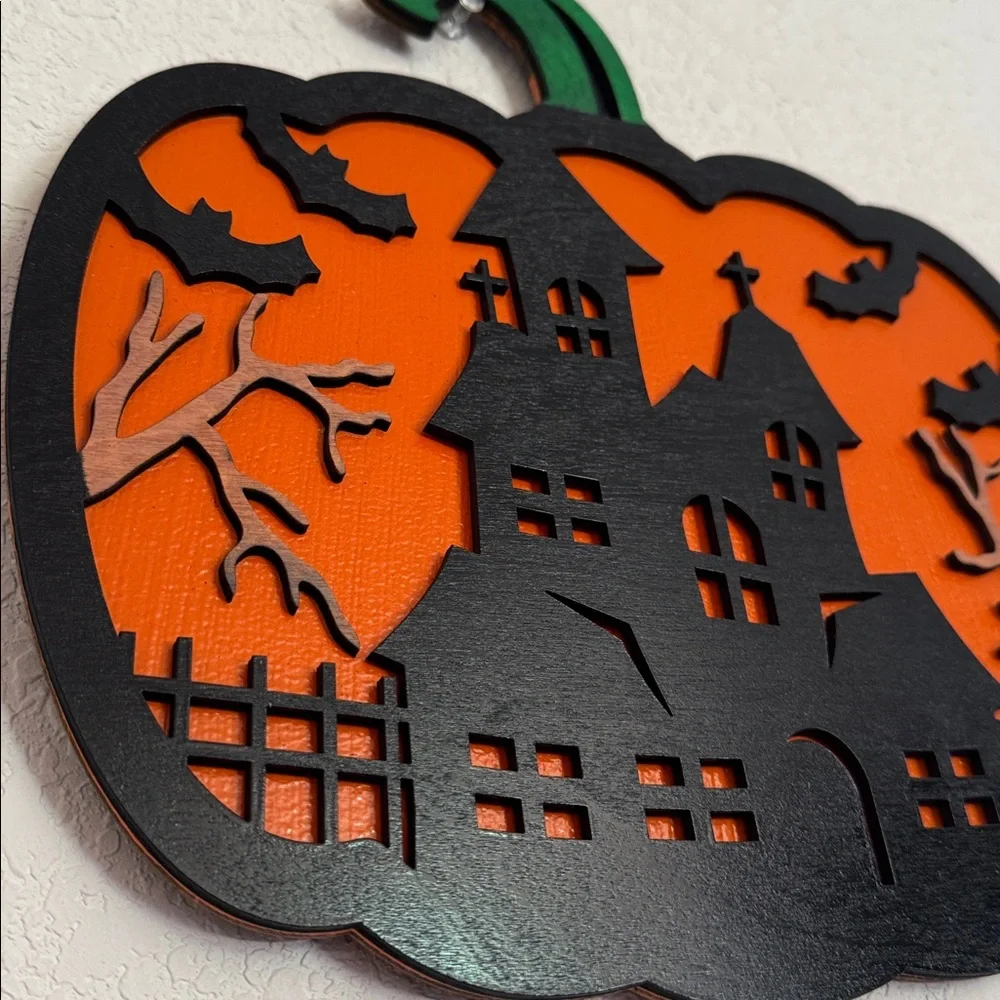 Handcrafted Wooden Sign of Halloween Haunted House Pumpkin Wall Decor